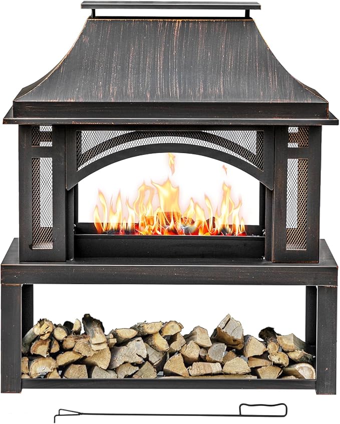 39" Fire Pits with Wood Storage for Outside, Large Wood Burning Outdoor Fireplace with Chimney, Mesh Spark Screen & Fire Poker, Idea for Backyard, Patio, Party, Camping, Picnic