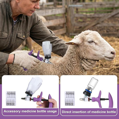 5ML Livestock Syringes, Automatic Self Refill Syringe Continuous Repeating Adjustable Bottle Attachment Livestock Animal Injection Gun with 10 Needles, for Chicken, Duck, Pig, Sheep, Cow Poultry