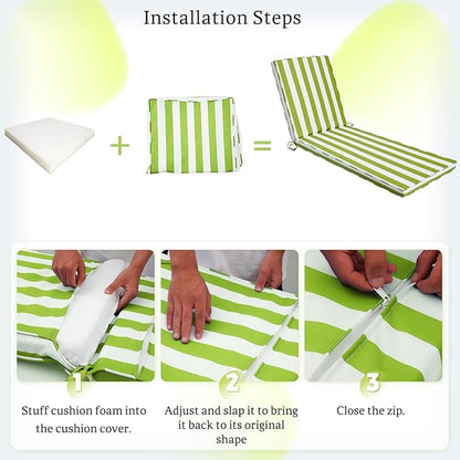 Chaise Lounge Cushions Outdoor, 72"x22"x3" Patio Lounge Chair Furniture Cushions with Washable Covers for Pool, Patio, Lawn (Green+White Stripes, 1 Pcs)