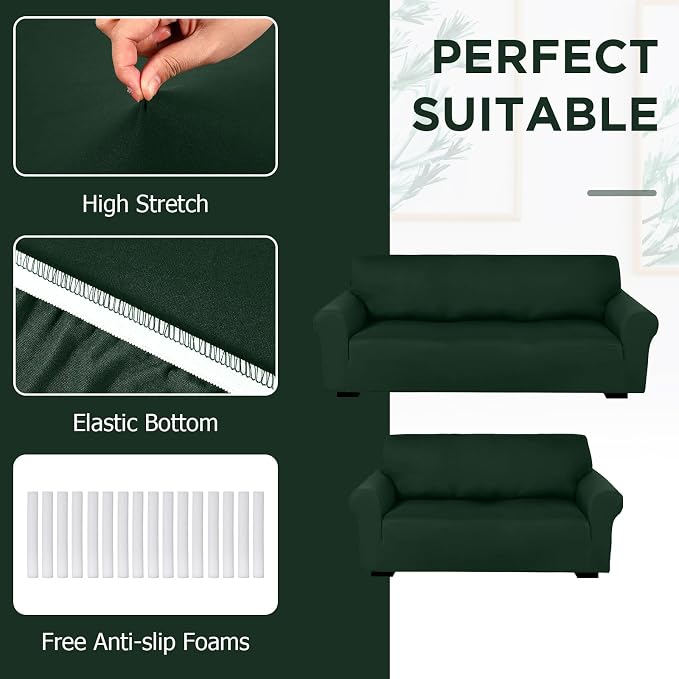 Peryiter 2 Pcs Couch and Loveseat Sofa Covers,Dark Green,Milk Silk | Armchair Covers for Living Room, Sofa Cushion Slipcover 2/3 Seater, Furniture Protector, Polyester and Spandex, Washable