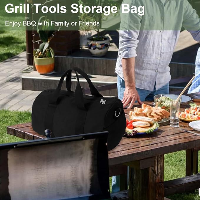 BBQ Tool Storage Bag, with Inner Pockets and Shoulder Strap, Black Outdoor Camping Barbecue Carry Bag, Grill Accessory Storage, BBQ Gifts for Men, 18.1 * 10.6 * 10.6 inches
