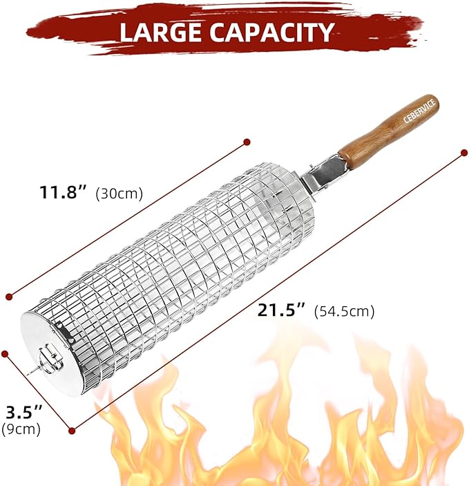 Rolling Grill Basket, SUS304 Stainless Steel, Removable Wooden Handle, Round Cylinder BBQ Grilling Basket, Outdoor Cooking Griller, Smoker Accessories for Vegetable, Gifts for Men Dad