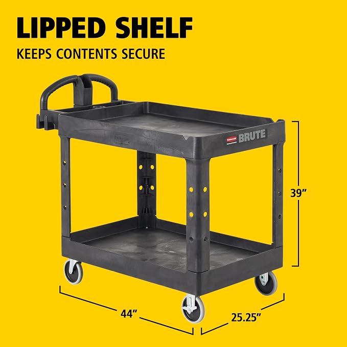 Rubbermaid Commercial Products 2-Shelf Utility/Service Cart, Medium, Black, Lipped Shelves, Ergonomic Handle, 500 Lbs Capacity, forfor Warehouse/Garage/Cleaning/Manufacturing