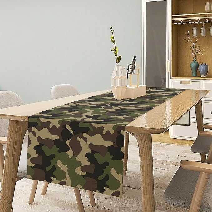 Camouflage Table Runner Classic Masking Camo Green Brown Black Olive Colors Retro Inspired for Indoor Outdoor PartyHolidayWeddingGathering 13x120in