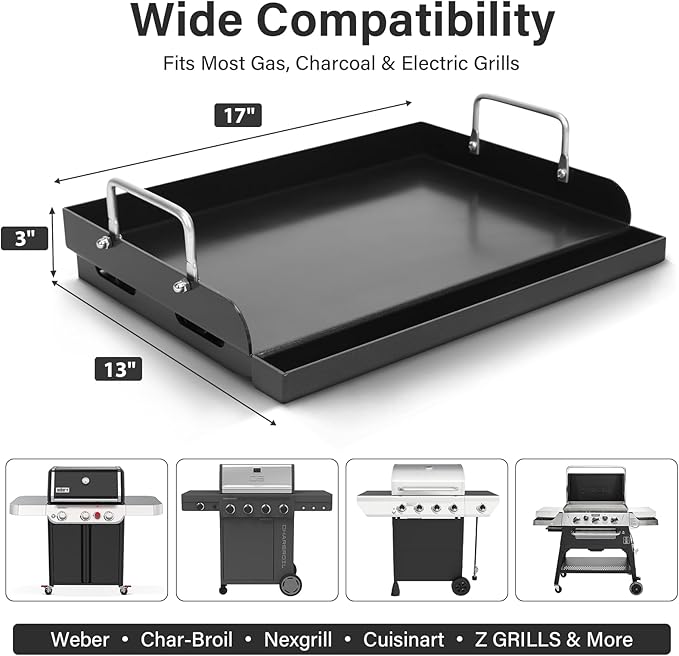 17" x 13" Nano-Ceramic Nonstick Cast Iron Griddle - Universal Flat Top with Grease Groove, Reinforced Ridges & High Sidewalls, Cooking Skillet Pan for Gas/Charcoal Grills & Stove Top