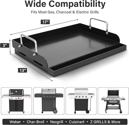 17" x 13" Nano-Ceramic Nonstick Cast Iron Griddle - Universal Flat Top with Grease Groove, Reinforced Ridges & High Sidewalls, Cooking Skillet Pan for Gas/Charcoal Grills & Stove Top