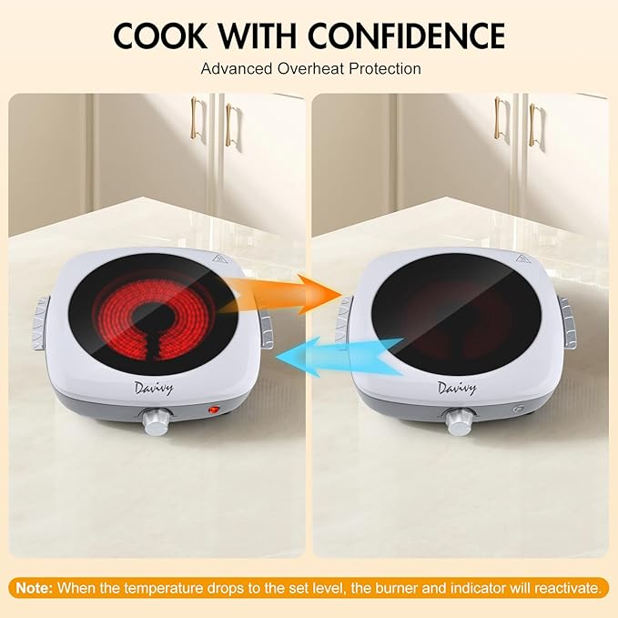 Davivy Single Burner Hot Plate with Sturdy Handle, 7.9 inch Ceramic Glass Cooktop, 1200W Infrared Cooker, Compatible Of All Cookware, White