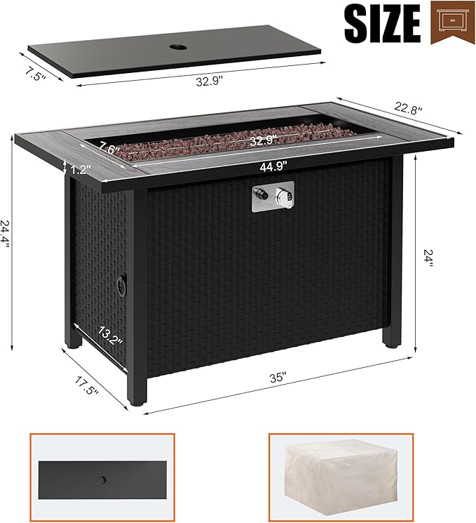 45 inch Propane Fire Pit Table, 50,000 BTU Outdoor Gas Fire Pit Table with Lid, Waterproof Cover, Rectangle Gas Firepit Table for Garden/Patio