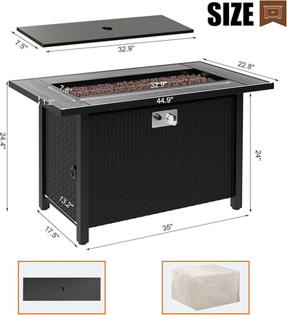 45 inch Propane Fire Pit Table, 50,000 BTU Outdoor Gas Fire Pit Table with Lid, Waterproof Cover, Rectangle Gas Firepit Table for Garden/Patio