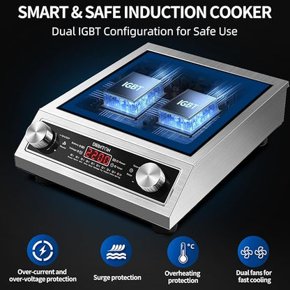 Induction Cooker, 2200W Commercial Induction Cooktop, Large Countertop Burner with 10 Cooking Functions & Dual IGBT for Safe Use, Portable Stainless Steel Hot Plate with 3 Hours Timer, 120V