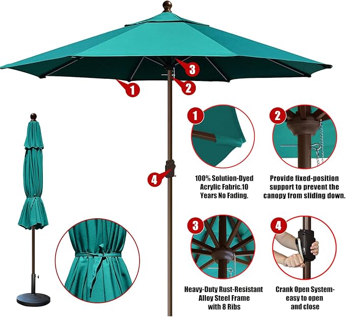 EliteShade USA 10-Year-Non-Fading 10Ft Market Patio Umbrella, UPF 50+ UV Protection Performance Sun Umbrella, Heavy Duty Commercial Grade Outdoor Table Umbrella with Crank, Windproof Vented Top for Garden, Pool, Deck and Outdoor Playsets, No Tilt, Teal