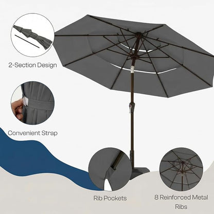 10ft 3 Tier Patio Umbrella, Outdoor Market Table Umbrella with UPF 50+ Vented Canopy, 8 Sturdy Ribs, Easy Push Button Tilt and Crank, Windproof for Deck, Pool, Backyard and Garden