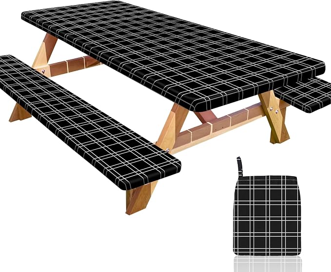 Picnic Table and Bench Cover Set, Waterproof Fitted Elastic Cloth | Portable Camping Essentials With Built-In Storage Pocket And Waterproof Fabric For Outdoor RV Or Picnic Table Use