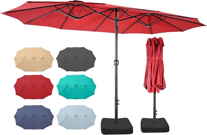 15ft Patio Umbrella with Base, 10-Year-No-Fade Large Outdoor Double-Sided Market Umbrella with UPF50+Terylene Polyester Fabric and Crank for Poolside Garden Deck Backyard Beach Pools