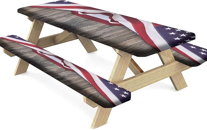 4th of July Picnic Fitted Tablecloth with Benches Covers, American flag on wood background Fitted Tablecloth Cover Oil Proof Elastic Edge for Outdoor, Garden, Camping, 72x28 In, 3 Pieces Set, Brown