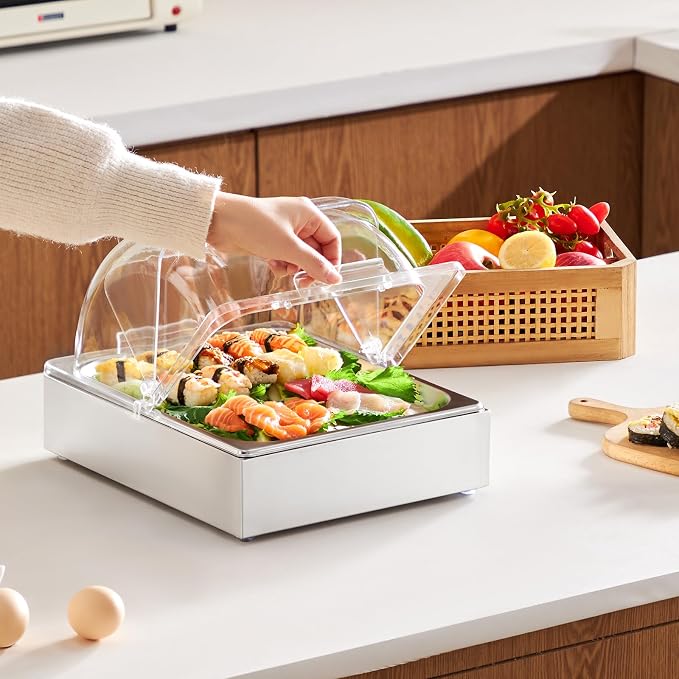 VEVOR Countertop Food Serving Display Container, 1 x 1/2 Pan Stainless Steel Food Serving Tray, Buffet Condiment Dispenser Display Rack with Clear Lid & Ice Tray, for Restaurant Hotel Kitchen Party
