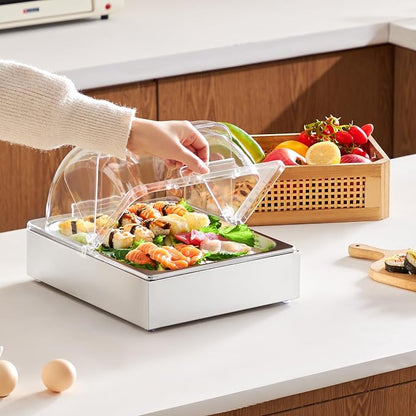 VEVOR Countertop Food Serving Display Container, 1 x 1/2 Pan Stainless Steel Food Serving Tray, Buffet Condiment Dispenser Display Rack with Clear Lid & Ice Tray, for Restaurant Hotel Kitchen Party