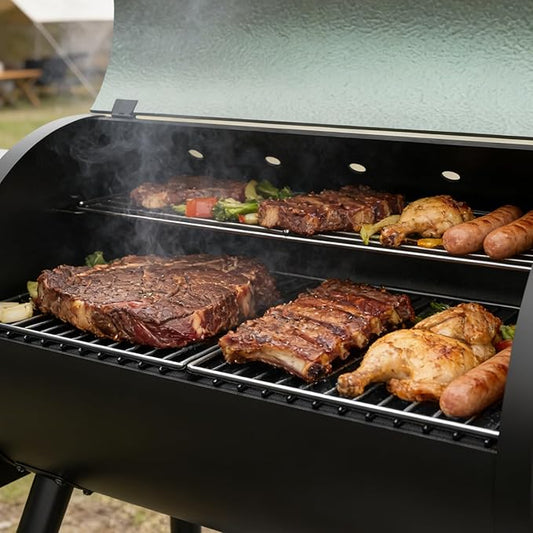 DAMNISS Electric Wood Pellet Smoker Grill 8 In 1 BBQ Grills for Outdoor Grill with Auto Feed & PID Temperature Control (180-450°F) and Rain Cover 456 Sq.In Cook Area for Backyard New House Gifts