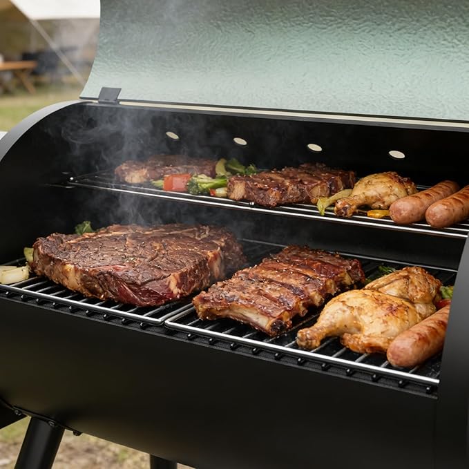 Electric Pellet Smoker Grill 565 SQ.IN Cook Area Pellet Smoker with Auto Feed & PID Controller 500°F Max Temperature 8 in 1 BBQ Grill with Meat Probe & Side Table with Hooks Perfect for Outdoor BBQ