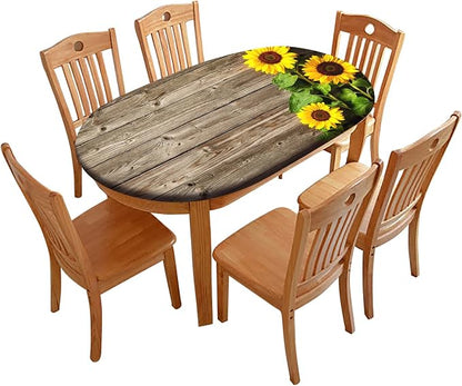 Autumn Sunflower Fitted Tablecloths Oval, Sunflower on The Wooden Floor Background Elastic Edged Table Cloths, Fits to 60"X84" Oblong Tables, Washable Table Cover for Thanksgiving Day Dinner Party