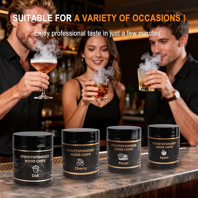 BORUIT Wood Chips for Smoker – 4 Flavors Apple, Cherry, Pecan & Oak – Natural Smoking Wood Chips for Whiskey, Bourbon, Drinks, Food and Cocktail Smoker Gift