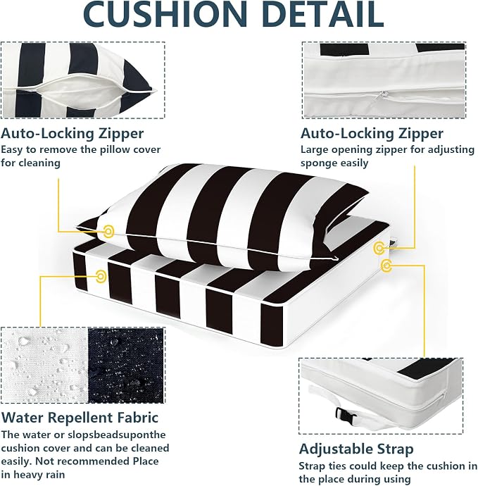 DYTXIII Outdoor Deep Seat Cushion Set, Water Repellent 24"x24" Patio Thick Cushions Replacement with Seat & Back Pillow for Patio Sofa, Wicker Chair, Couch - Cabana Black