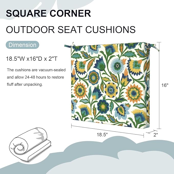 DYTXIII Set of 2 Outdoor Chair Cushions, Water Resistant 18.5"x16"x2" Square Seat Cushion for Patio Dining Chairs, High-Density Replacement Pads for Indoor Outdoor Furniture - Fiesta Floral