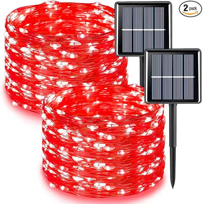 QITONG 2 Pack Halloween Solar Fairy Lights, Each 66ft 200 LED Red String Light Outdoor Waterproof, 8 Modes Silver Wire Christmas Twinkle Mini Lights