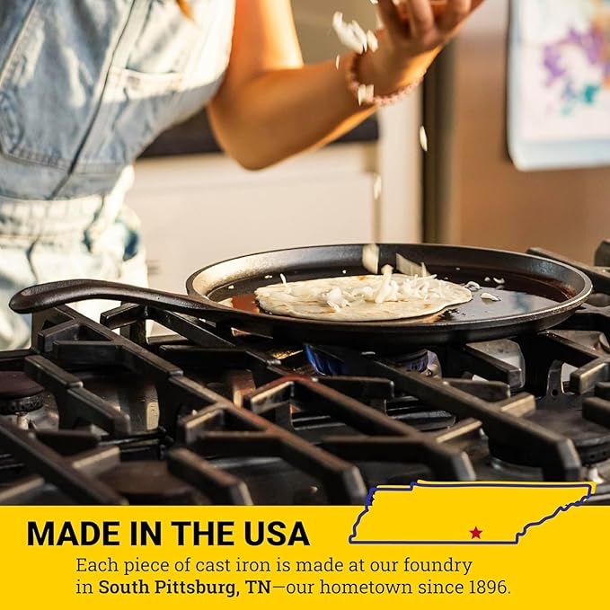 Lodge Round Seasoned Cast Iron Griddle 10.5 Inches - Round-Shaped, Pre-Seasoned Iron Griddle Pan - Non-Toxic, PFAS-Free Cookware - Compatible with Stovetop, Oven, Grill, or Campfire