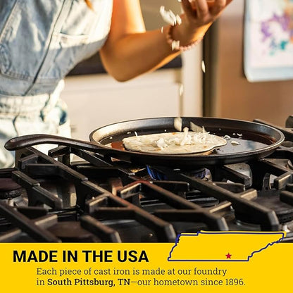 Lodge Round Seasoned Cast Iron Griddle 10.5 Inches - Round-Shaped, Pre-Seasoned Iron Griddle Pan - Non-Toxic, PFAS-Free Cookware - Compatible with Stovetop, Oven, Grill, or Campfire