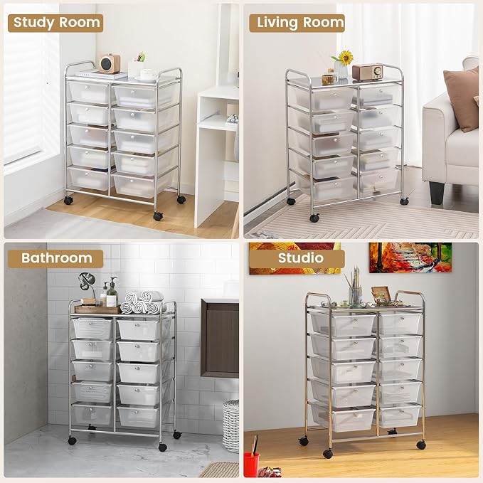 HOMGX Rolling Cart with 10 Drawers, 10 Tiers Multicolor Trolley, Drawer Bin Carts with 2 Lockable Wheels, Adjustable File & Debris Organizer Cart, Rolling Storage Cart for Office, School, Home