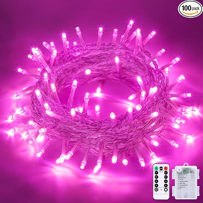 JMEXSUSS 33ft 100 LED Pink Battery Operated Lights with 8 Modes Remote | Pink String Lights Indoor Outdoor, Christmas String Light for Bedroom House Tree Party Porch Decor