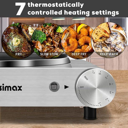 Hot Plate, CUSIMAX Electric Burner 1500W Hot Plate Cooking Single Burner Electric Stove with Heat-up in Seconds Adjustable Temperature Control Silver Stainless Steel Body, Your Kitchen Assistant
