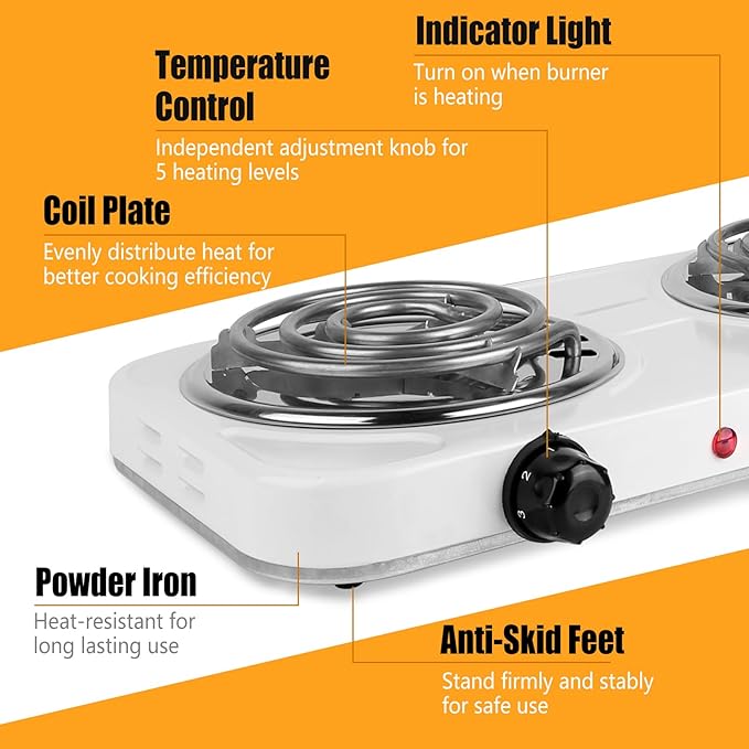 Electric Charcoal Burner Stove, 500W Single Coil Hot Plate Starter with Grill Tongs, 5-Level Temp, Smart Heat Control & Stainless Steel Fast Heating for Cooking top Countertop (3890White-Double01)