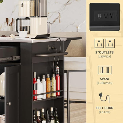 DWVO Kitchen Island with Stainless Steel Top & Power Outlet, 60 Inch Kitchen Island on Wheels with Drop Leaf, Large Rolling Mobile Center Islands w Storage Drawer Cabinet Counter Metal Top, Black