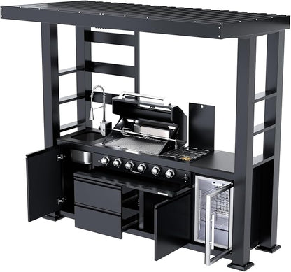 104" Modular Outdoor Kitchen Island With Grill And Side Burner, 4-burner 72,000 Btu Propane Bbq Island, Refrigerator, Separate Sink & Prep Station, NG-Black (with roof) 72000BTU/97 Inch