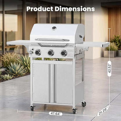 COWSAR 3 Burner Propane Gas Grill, 24,000 BTU Outdoor BBQ Grill with Side Table, Porcelain-Coated Cast Iron Grates, Removable Grease Tray for Backyard Cooking