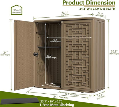 ZZM HDPE Outdoor Storage Shed, Outdoor Plastic Storage Cabinet, Horizontal Resin Tool Shed for Garden, All Weather Outdoor Storage Clearance, DIY Usage, with one Shelf (Coffee)