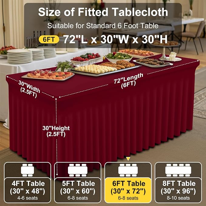 Smiry Spandex Elastic Fitted Table Cloth Skirt for 6FT Rectangle Table | Stretch Washable Table Cloth, Banquet Table Cover for Wedding, Party, Indoor & Trade Shows, (Burgundy, 72Lx30Wx30H)