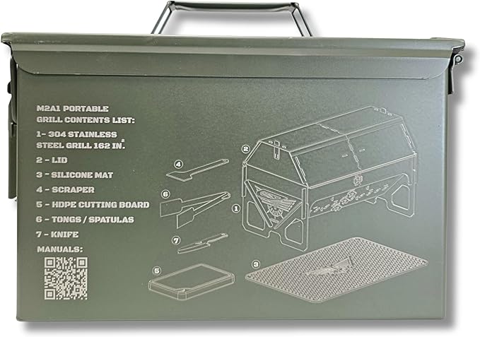 M2A1 Pro Lid Edition | 304 Stainless Steel Portable Charcoal Grill with 3 Grates, Silicone Mat, Cutting Board, Knife, Tongs/Spatula & Scraper