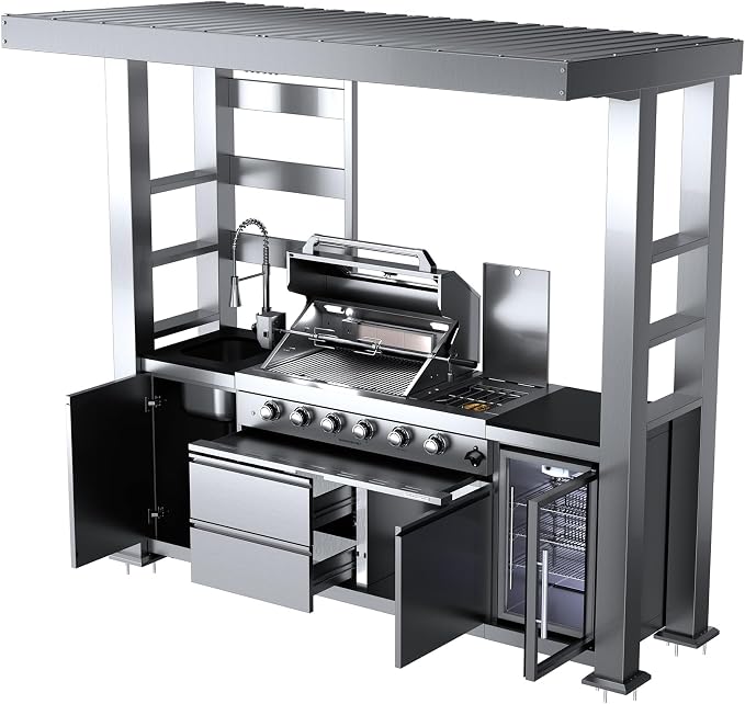 97" Covered Outdoor Kitchen Island with Roof, 4-Burner 72,000 BTU Propane BBQ Island with Side Burner, Sink, Refrigerator & Rotisserie, for Backyard and Patio Cooking, Silver