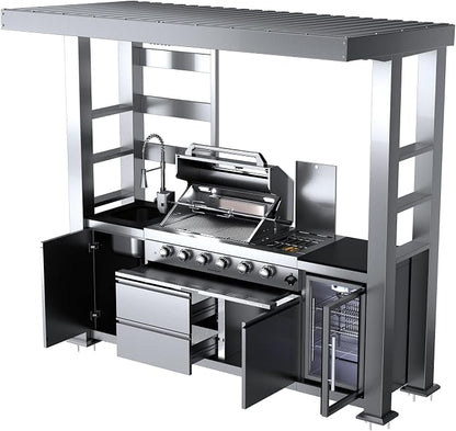 97" Covered Outdoor Kitchen Island with Roof, 4-Burner 72,000 BTU Propane BBQ Island with Side Burner, Sink, Refrigerator & Rotisserie, for Backyard and Patio Cooking, Silver