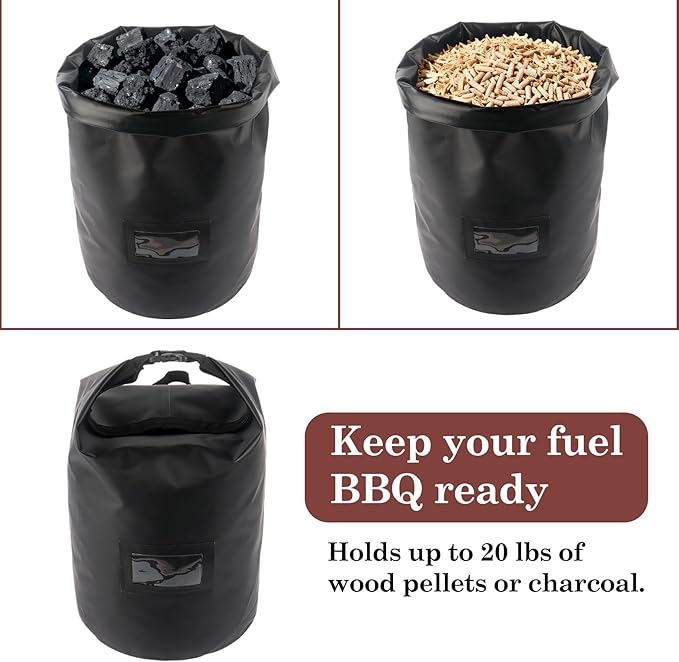 Klmnop 22 lbs Wood Pellet Storage Bag, Waterproof 500D Oxford Fabric Container with Handle and PVC Label Window for Pellets and Charcoal, Wood Chips(Black)