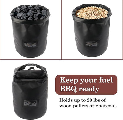 Klmnop 22 lbs Wood Pellet Storage Bag, Waterproof 500D Oxford Fabric Container with Handle and PVC Label Window for Pellets and Charcoal, Wood Chips(Black)