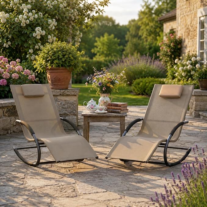 Garvee Outdoor Lounge Chair Rocking Chair Lawn Chair w/Non-Slip Base, Brown | Quick-drying, breathable mesh fabric; water-resistant and easy to clean