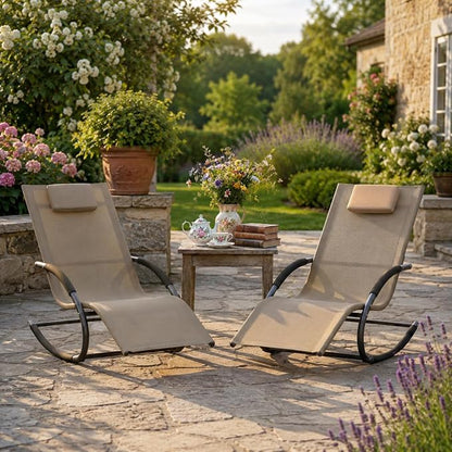 Garvee Outdoor Lounge Chair Rocking Chair Lawn Chair w/Non-Slip Base, Brown | Quick-drying, breathable mesh fabric; water-resistant and easy to clean