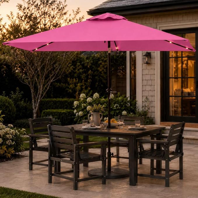 6.5 x 10ft Rectangular Patio Umbrella with Solar Lights, 16 LED Lighted Market Umbrella with Push-Button Tilt and Crank, 6 Sturdy Iron Ribs for Garden, Deck, Pool, Rose Pink