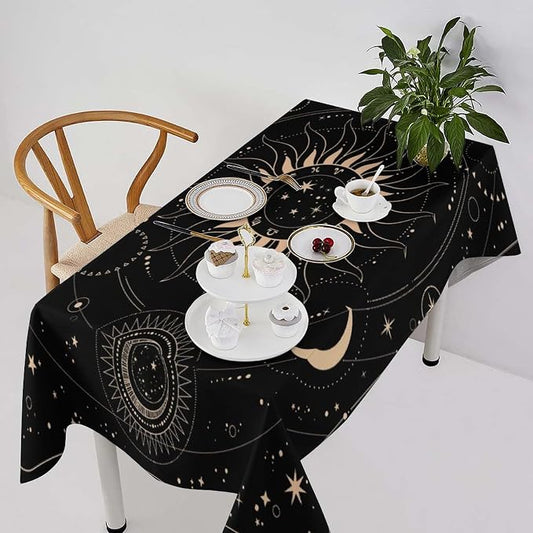 Vintage Tarot Moon Tablecloth Boho Mystical Crescent Cosmic Zodiac Star Galaxy Space Table Cloth Water Resistant Wipeable Table Cover for Picnic Party Holiday Kitchen Dinner Table 60"x110"