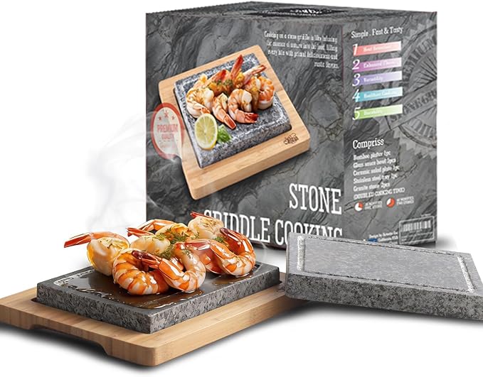 Artestia Steak Stone Grill Set with 2 Natural Steak Stones & 1 Bamboo Tray – Restaurant-Style Hot Stone Cooking Set for Sizzling Steak, BBQ, Hibachi, Indoor Tabletop Grilling