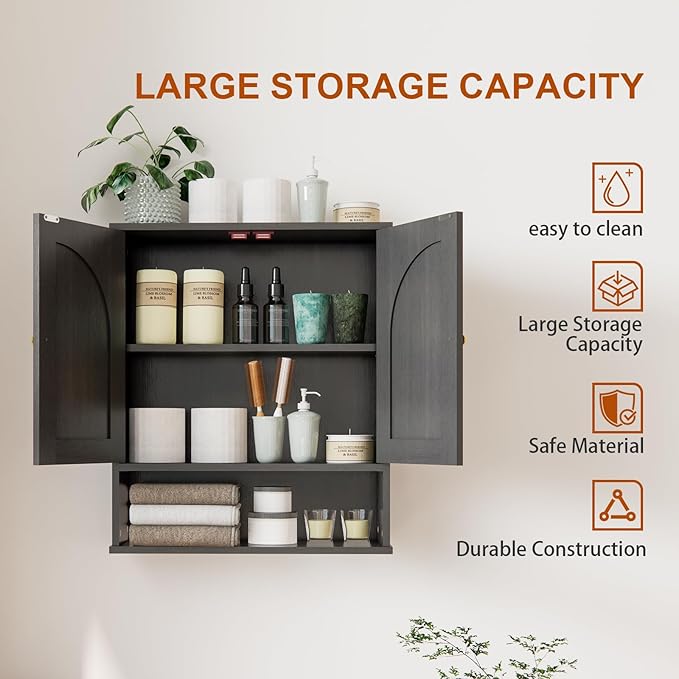 Medicine Cabinet, Over Toilet Storage Cabinet, Bathroom Wall Cabinet with Arched Doors & Adjustable Shelves, Wall Mounted Cabinet with Open Shelf for Bathroom Over Toilet Restroom, Black